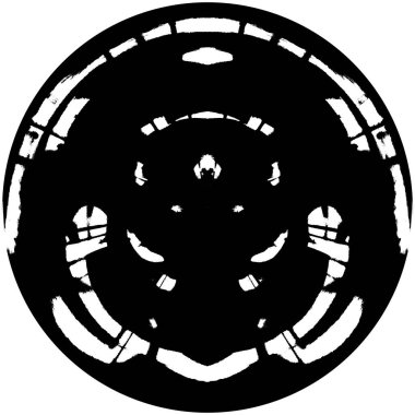 Siyah-Beyaz Grunge Üst üste bindirme elementi. Daire şekli, logo, rozet, etiket, simge. Soyut Tehlike Doku Arkaplanı. Kirli Vintage Monochrome Vektör İllüstrasyon Arkaplanı. Fırça Vuruşları Şablonu