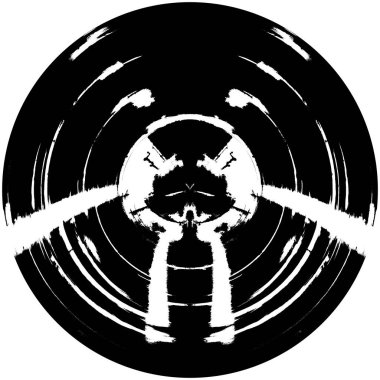 Siyah-Beyaz Grunge Üst üste bindirme elementi. Daire şekli, logo, rozet, etiket, simge. Soyut Tehlike Doku Arkaplanı. Kirli Vintage Monochrome Vektör İllüstrasyon Arkaplanı. Fırça Vuruşları Şablonu