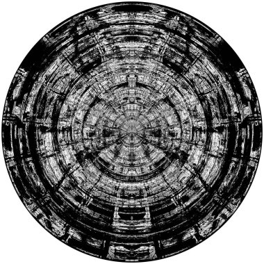 Siyah-Beyaz Grunge Üst üste bindirme elementi. Daire şekli, logo, rozet, etiket, simge. Soyut Tehlike Doku Arkaplanı. Kirli Vintage Monochrome Vektör İllüstrasyon Arkaplanı. Fırça Vuruşları Şablonu