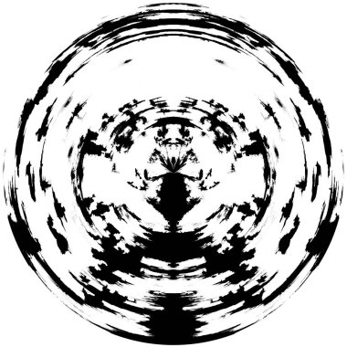 Siyah-Beyaz Grunge Üst üste bindirme elementi. Daire şekli, logo, rozet, etiket, simge. Soyut Tehlike Doku Arkaplanı. Kirli Vintage Monochrome Vektör İllüstrasyon Arkaplanı. Fırça Vuruşları Şablonu