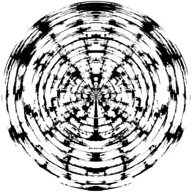 Siyah-Beyaz Grunge Üst üste bindirme elementi. Daire şekli, logo, rozet, etiket, simge. Soyut Tehlike Doku Arkaplanı. Kirli Vintage Monochrome Vektör İllüstrasyon Arkaplanı. Fırça Vuruşları Şablonu