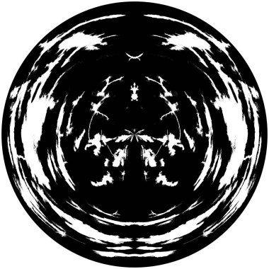 Siyah-Beyaz Grunge Üst üste bindirme elementi. Daire şekli, logo, rozet, etiket, simge. Soyut Tehlike Doku Arkaplanı. Kirli Vintage Monochrome Vektör İllüstrasyon Arkaplanı. Fırça Vuruşları Şablonu
