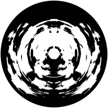 Siyah-Beyaz Grunge Üst üste bindirme elementi. Daire şekli, logo, rozet, etiket, simge. Soyut Tehlike Doku Arkaplanı. Kirli Vintage Monochrome Vektör İllüstrasyon Arkaplanı. Fırça Vuruşları Şablonu
