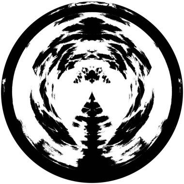 Siyah-Beyaz Grunge Üst üste bindirme elementi. Daire şekli, logo, rozet, etiket, simge. Soyut Tehlike Doku Arkaplanı. Kirli Vintage Monochrome Vektör İllüstrasyon Arkaplanı. Fırça Vuruşları Şablonu