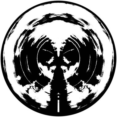 Siyah-Beyaz Grunge Üst üste bindirme elementi. Daire şekli, logo, rozet, etiket, simge. Soyut Tehlike Doku Arkaplanı. Kirli Vintage Monochrome Vektör İllüstrasyon Arkaplanı. Fırça Vuruşları Şablonu