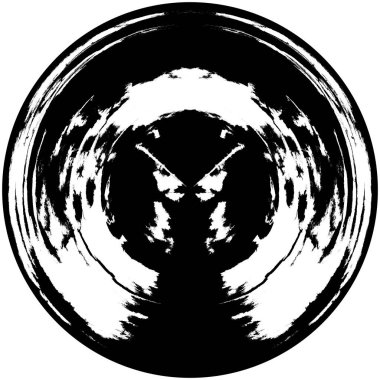 Siyah-Beyaz Grunge Üst üste bindirme elementi. Daire şekli, logo, rozet, etiket, simge. Soyut Tehlike Doku Arkaplanı. Kirli Vintage Monochrome Vektör İllüstrasyon Arkaplanı. Fırça Vuruşları Şablonu