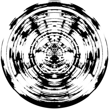 Siyah-Beyaz Grunge Üst üste bindirme elementi. Daire şekli, logo, rozet, etiket, simge. Soyut Tehlike Doku Arkaplanı. Kirli Vintage Monochrome Vektör İllüstrasyon Arkaplanı. Fırça Vuruşları Şablonu