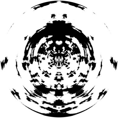 Siyah-Beyaz Grunge Üst üste bindirme elementi. Daire şekli, logo, rozet, etiket, simge. Soyut Tehlike Doku Arkaplanı. Kirli Vintage Monochrome Vektör İllüstrasyon Arkaplanı. Fırça Vuruşları Şablonu