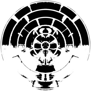 Siyah-Beyaz Grunge Üst üste bindirme elementi. Daire şekli, logo, rozet, etiket, simge. Soyut Tehlike Doku Arkaplanı. Kirli Vintage Monochrome Vektör İllüstrasyon Arkaplanı. Fırça Vuruşları Şablonu