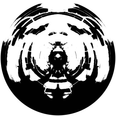 Siyah-Beyaz Grunge Üst üste bindirme elementi. Daire şekli, logo, rozet, etiket, simge. Soyut Tehlike Doku Arkaplanı. Kirli Vintage Monochrome Vektör İllüstrasyon Arkaplanı. Fırça Vuruşları Şablonu