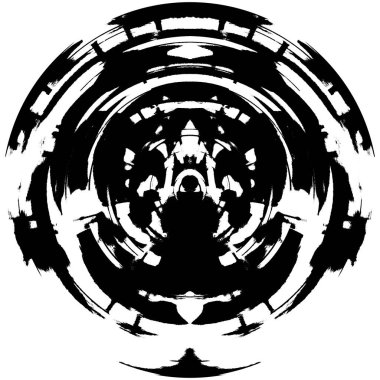 Siyah-Beyaz Grunge Üst üste bindirme elementi. Daire şekli, logo, rozet, etiket, simge. Soyut Tehlike Doku Arkaplanı. Kirli Vintage Monochrome Vektör İllüstrasyon Arkaplanı. Fırça Vuruşları Şablonu