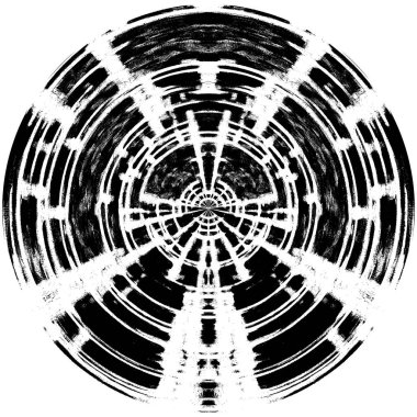 Siyah-Beyaz Grunge Üst üste bindirme elementi. Daire şekli, logo, rozet, etiket, simge. Soyut Tehlike Doku Arkaplanı. Kirli Vintage Monochrome Vektör İllüstrasyon Arkaplanı. Fırça Vuruşları Şablonu