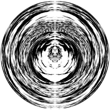 Siyah-Beyaz Grunge Üst üste bindirme elementi. Daire şekli, logo, rozet, etiket, simge. Soyut Tehlike Doku Arkaplanı. Kirli Vintage Monochrome Vektör İllüstrasyon Arkaplanı. Fırça Vuruşları Şablonu