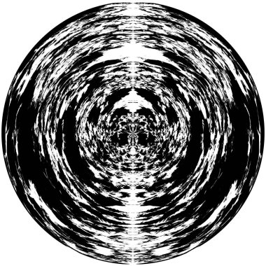 Siyah-Beyaz Grunge Üst üste bindirme elementi. Daire şekli, logo, rozet, etiket, simge. Soyut Tehlike Doku Arkaplanı. Kirli Vintage Monochrome Vektör İllüstrasyon Arkaplanı. Fırça Vuruşları Şablonu