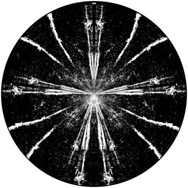 Siyah-Beyaz Grunge Üst üste bindirme elementi. Daire şekli, logo, rozet, etiket, simge. Soyut Tehlike Doku Arkaplanı. Kirli Vintage Monochrome Vektör İllüstrasyon Arkaplanı. Fırça Vuruşları Şablonu