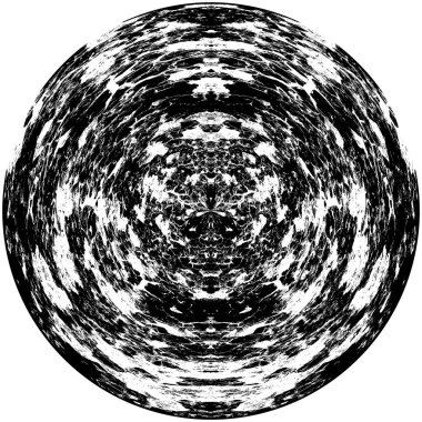 Siyah-Beyaz Grunge Üst üste bindirme elementi. Daire şekli, logo, rozet, etiket, simge. Soyut Tehlike Doku Arkaplanı. Kirli Vintage Monochrome Vektör İllüstrasyon Arkaplanı. Fırça Vuruşları Şablonu