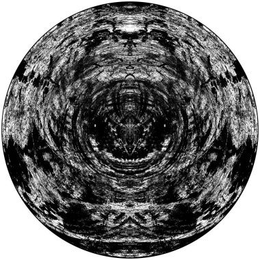 Siyah-Beyaz Grunge Üst üste bindirme elementi. Daire şekli, logo, rozet, etiket, simge. Soyut Tehlike Doku Arkaplanı. Kirli Vintage Monochrome Vektör İllüstrasyon Arkaplanı. Fırça Vuruşları Şablonu