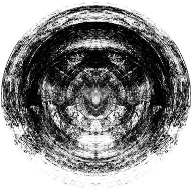 Siyah-Beyaz Grunge Üst üste bindirme elementi. Daire şekli, logo, rozet, etiket, simge. Soyut Tehlike Doku Arkaplanı. Kirli Vintage Monochrome Vektör İllüstrasyon Arkaplanı. Fırça Vuruşları Şablonu