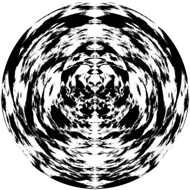 Siyah-Beyaz Grunge Üst üste bindirme elementi. Daire şekli, logo, rozet, etiket, simge. Soyut Tehlike Doku Arkaplanı. Kirli Vintage Monochrome Vektör İllüstrasyon Arkaplanı. Fırça Vuruşları Şablonu