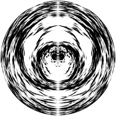 Siyah-Beyaz Grunge Üst üste bindirme elementi. Daire şekli, logo, rozet, etiket, simge. Soyut Tehlike Doku Arkaplanı. Kirli Vintage Monochrome Vektör İllüstrasyon Arkaplanı. Fırça Vuruşları Şablonu