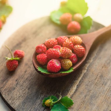 Masanın üzerine bir tahta kaşık iştah açıcı yabani çilek. Berry de gün ışığına, sağlıklı bir kahvaltı. Diyet kavramı