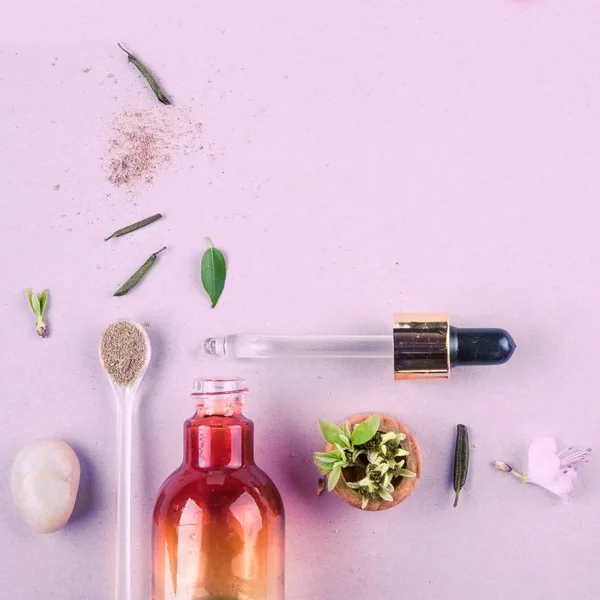Minimal style. Natural cosmetics, handmade skin and body care. Orange bottle with peep and plants. Flat lay — Stock Photo, Image