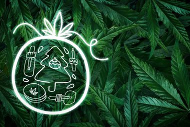Kenevir yapraklarından, marihuanadan ve neon ışıklı Noel oyuncağından yaratıcı Noel arkaplanı. Düz yatıyordu