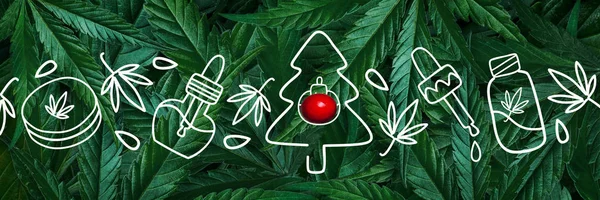 Χριστουγεννιάτικο φόντο, πλαίσιο από φύλλα κάνναβης, μαριχουάνα με μια απεικόνιση των προϊόντων Cbd. Επίπεδη Lay Copy Space Banner — Φωτογραφία Αρχείου