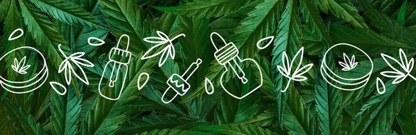 Weihnachten Hintergrund, Rahmen aus Hanfblättern, Marihuana mit einer Illustration von cbd-Produkten. flache legen Kopierraum Banner — Stockfoto