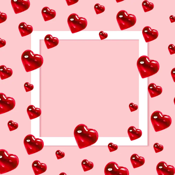 Valentýn v pozadí. Vzor ze skleněných červených srdcí na pastelově růžovém pozadí. Minimalismus karet, Symbol lásky — Stock fotografie
