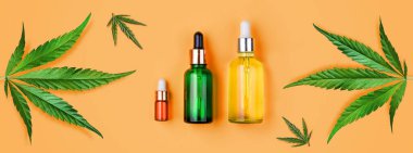 Cam şişe Cbd yağı, Thc tentürü, sarı arka planda kenevir yaprakları. Düz Kozmetik Cbd Kenevir yağı Afişi