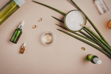 Doğal kozmetikler. Serum, şampuan, saç maskesi. Organik bakım konsepti. Düz yatıyordu