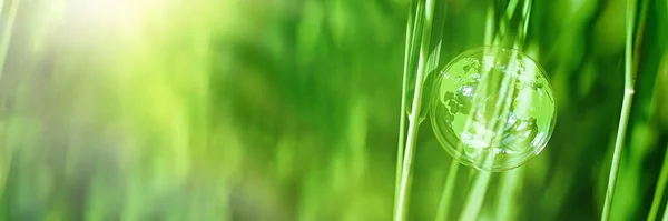 Sfera di sapone, globo nell'erba concetto per l'ambiente e la conservazione Banner — Foto Stock