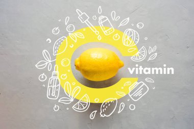 Sarı arka planda limon ve C harfi. Doodle biçim simgeleri görüntü düz viral enfeksiyon sırasında bağışıklığın korunması kavramı