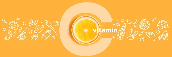 Glasflaska för kosmetika, serum och oljor med vitamin C på gul bakgrund Bild med Doodle stil ikoner bild Platt låg — Stockfoto