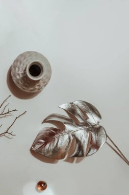 Arka planda gümüş yaprak canavarı, vazo ve dekor. Düz yatıyordu. Soyut moda geçmişi, minimalizm.