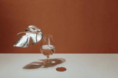 Terracotta duvarının arka planında vazodaki bir canavarın gümüş levhası. Moda sanat tasarımı. Pastel Minimalizm. Boşluğu kopyala