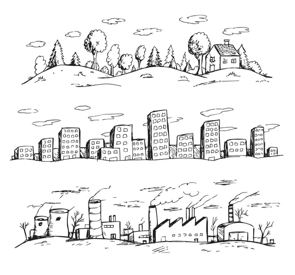 Ilustração vetorial de paisagens desenhadas à mão estilo doodles — Vetor de Stock