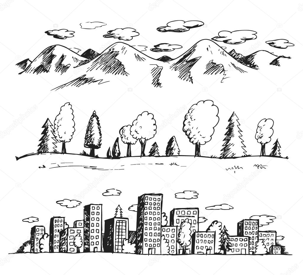 Vector illustration of landscapes hand drawn doodles style