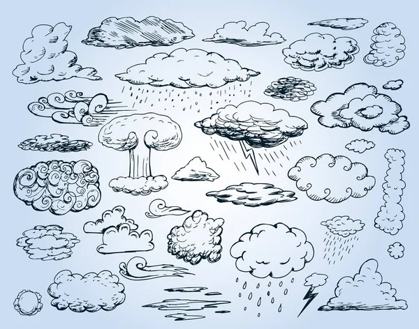 Kézzel rajzolt vektoros felhők Doodle gyűjteménye — Stock Vector