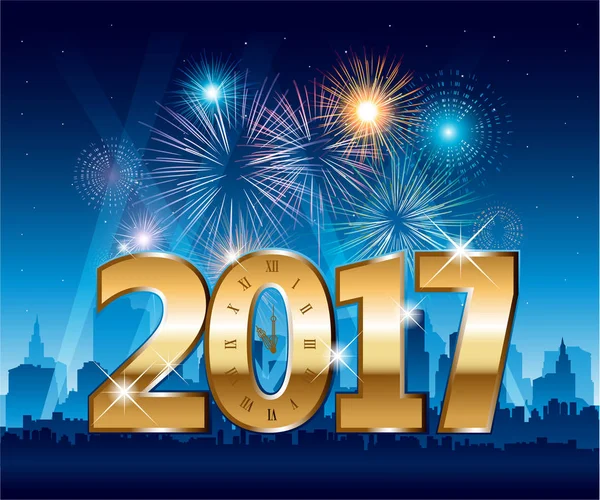 Golden 2017 chiffres heureux nouvelle ville de fête de l'année avec feux d'artifice — Image vectorielle