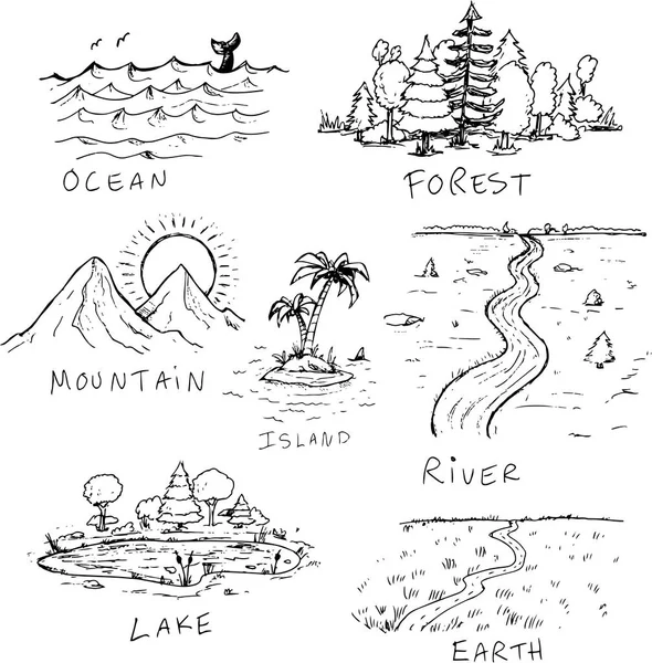 Diferentes paisajes naturales dibujados a mano — Vector de stock