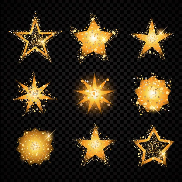 Błyszczące złote gwiazdy musujące cząstek na przezroczystym tle. Złote iskierki święcić ogon. Ilustracja wektorowa glamour moda — Wektor stockowy