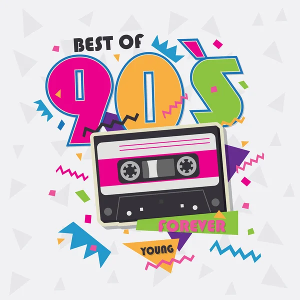 Ilustración de lo mejor de los 90 con cassette de cinta realista sobre fondo rosa — Vector de stock