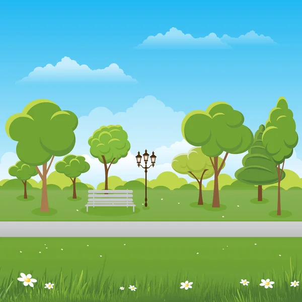 Lente landschap-achtergrond. Openbaar park vectorillustratie. — Stockvector