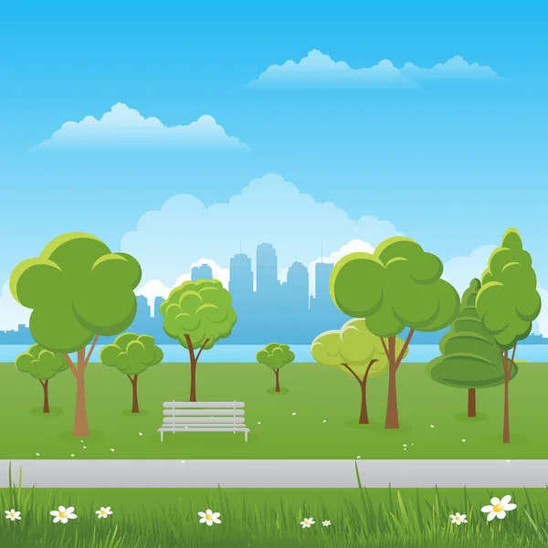 Fondo de paisaje de primavera. Parque público Ilustración vectorial. ciudad en el fondo — Vector de stock