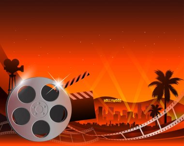 Bir film şerit makara parlak kırmızı film arka plan üzerinde gösterimi
