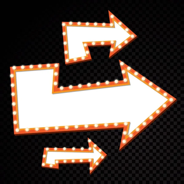 Panneau d'affichage des ampoules électriques. Cadres lumineux flèche rétro. illustration vectorielle — Image vectorielle
