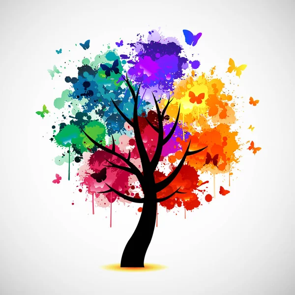 Arbre de fond coloré avec peinture splat et papillons — Image vectorielle