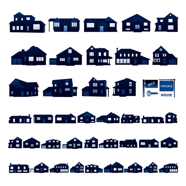 Silhueta casa residencial azul isolado em branco — Vetor de Stock